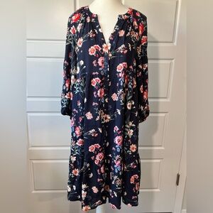 Gap Maternity SM Gathered Long Sleeve Button‎ Up Flowy Floral Mini Navy Dress
